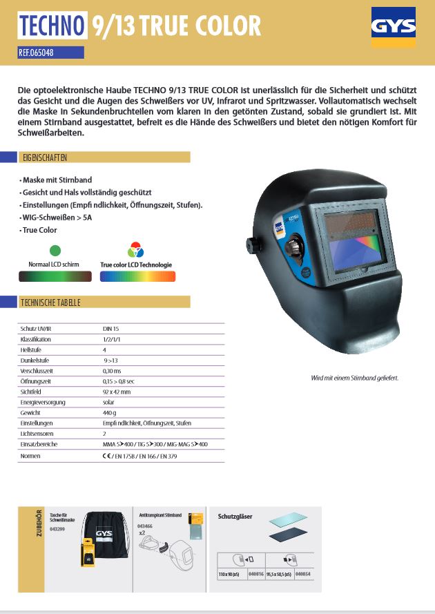 GYS Schweiss Schutzhaube LCD TECHNO 9/13 TRUE COLOR - 065048