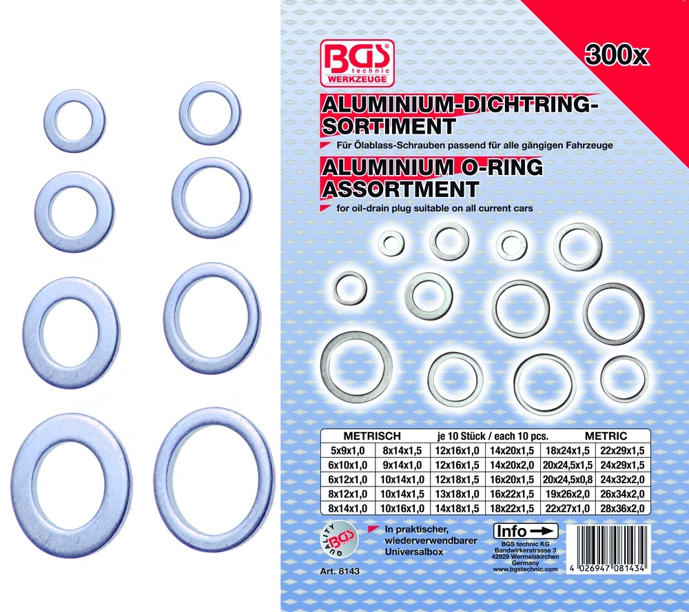 300-tlg. BGS 8143 Aluminium-Dichtring-Sortiment 