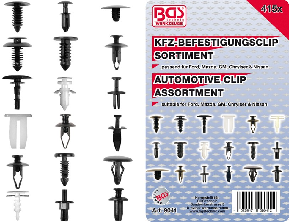 BGS 9041 Sortiment KFZ Befestigungsclips Clips für Ford, Mazda, GM,  Chrylser, Nissan 415 teilig | Fluid Onlinehandel