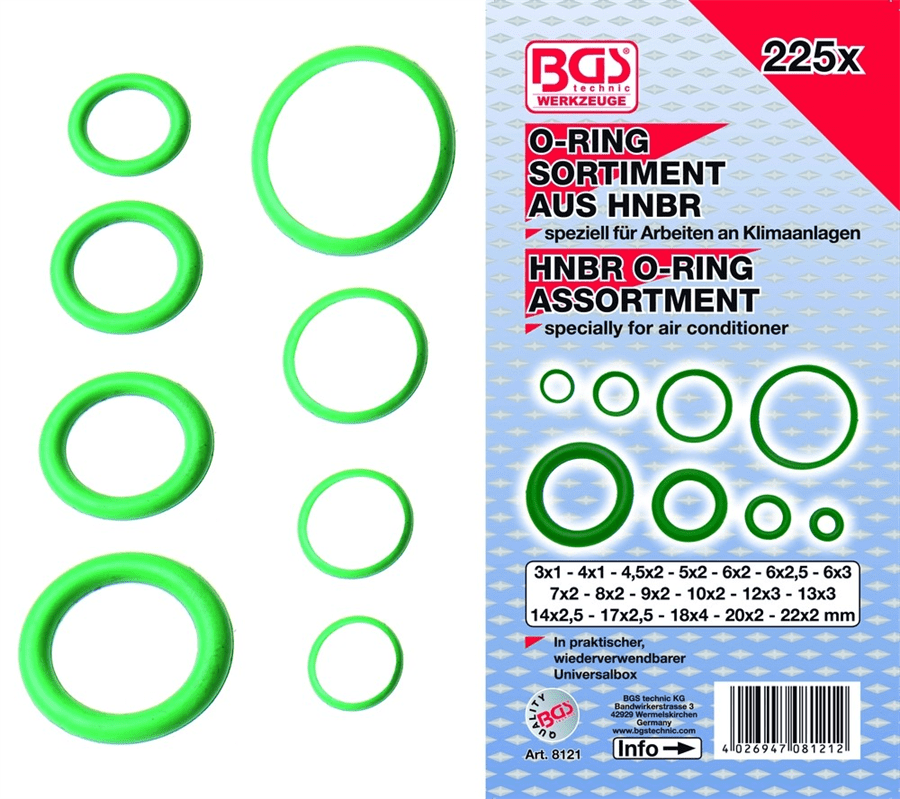 BGS HNBR O Ring Sortiment für Klimaanlagen 3-22 mm Ø, 225 teilig 8121